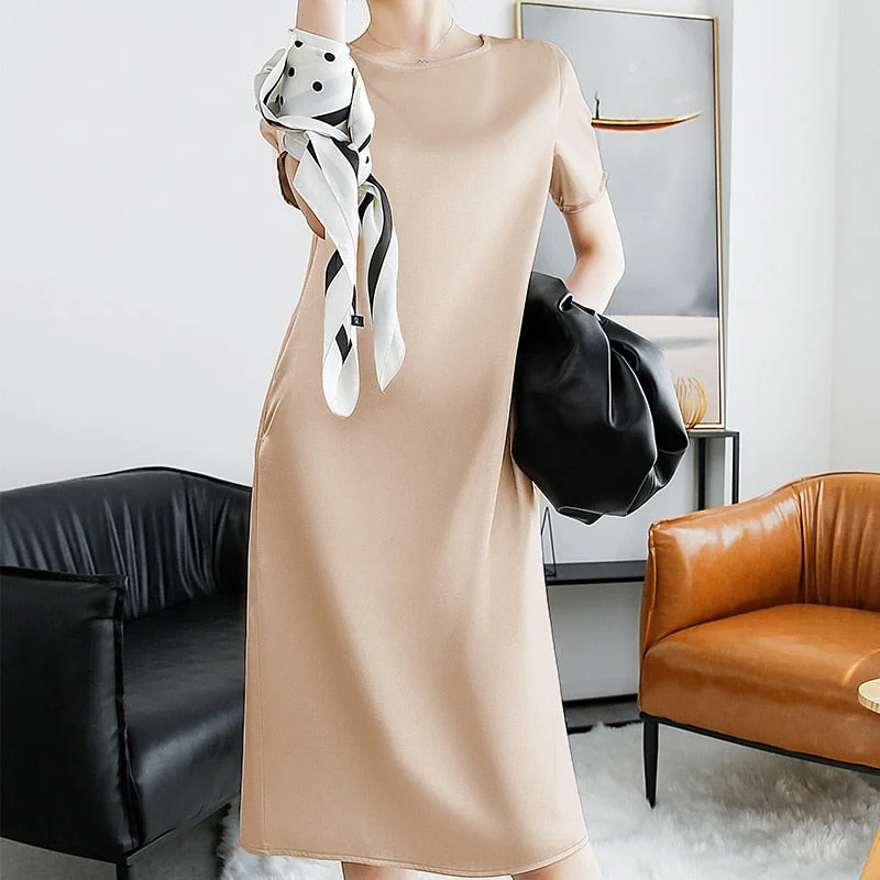 Abebey  2023 New Elegant Glossy Satin Women Dress Luxury Solid O-Neck Short Sleeve Korean Harajuku Office Lady Maxi Dresses With Pockets