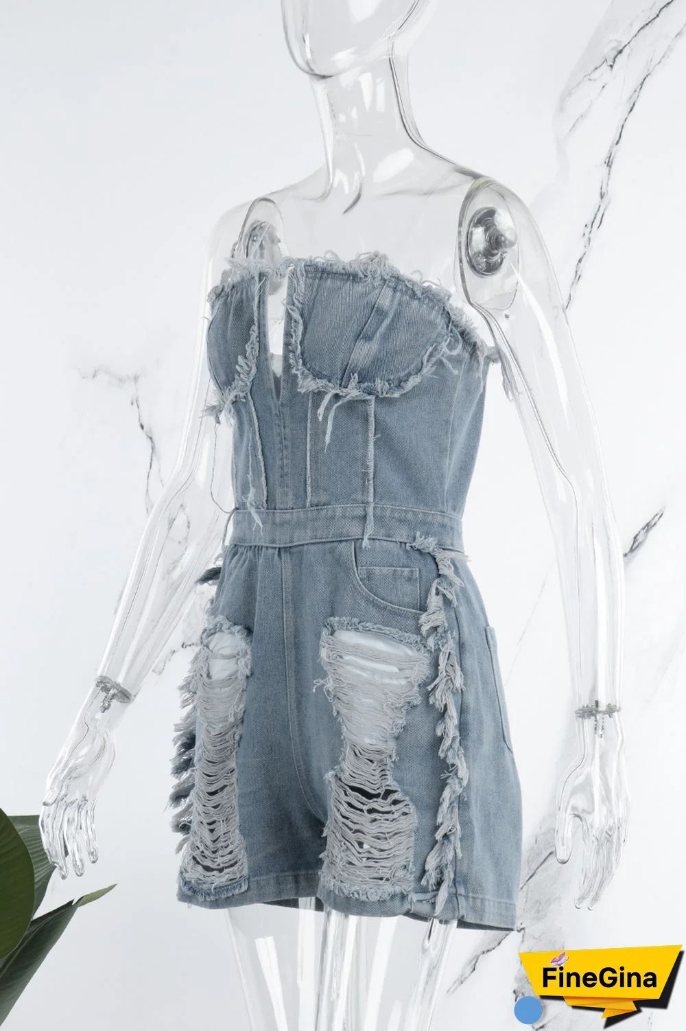 Blue Sexy Casual Street Solid Ripped Pocket Backless Strapless Sleeveless Regular Denim Jumpsuits