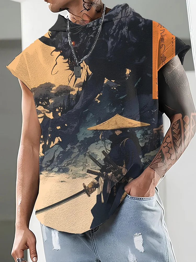 Men's Japanese Samurai And Monsters Art Print Workout Hooded Tank Top