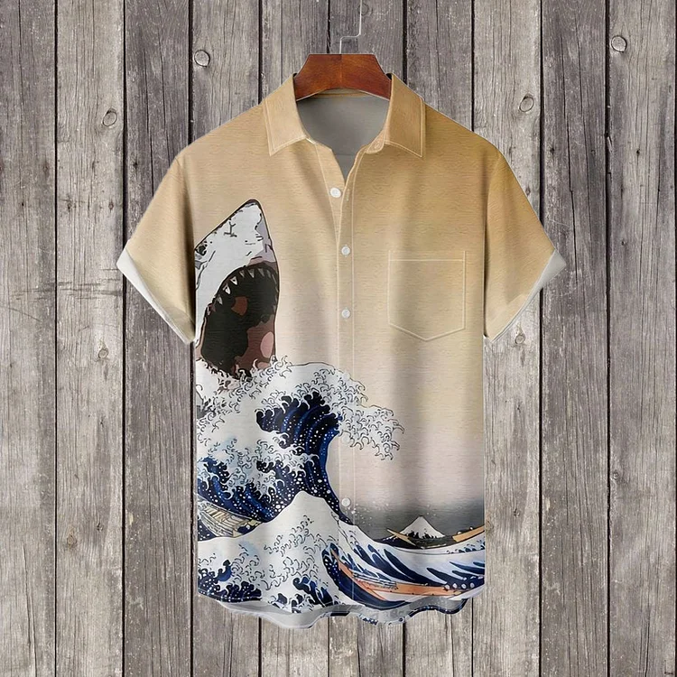 Men's Ukiyo-E Shark Great Wave Off Print Cotton Blended Shirt
