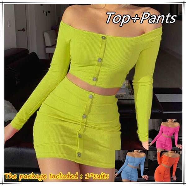 Women Two Piece Sets Buttons Long Sleeve Crop Top Mini Skirt Sexy Club Neon Green Conjuntos Suits Two Piece Party Outfits - Shop Trendy Women's Fashion | TeeYours