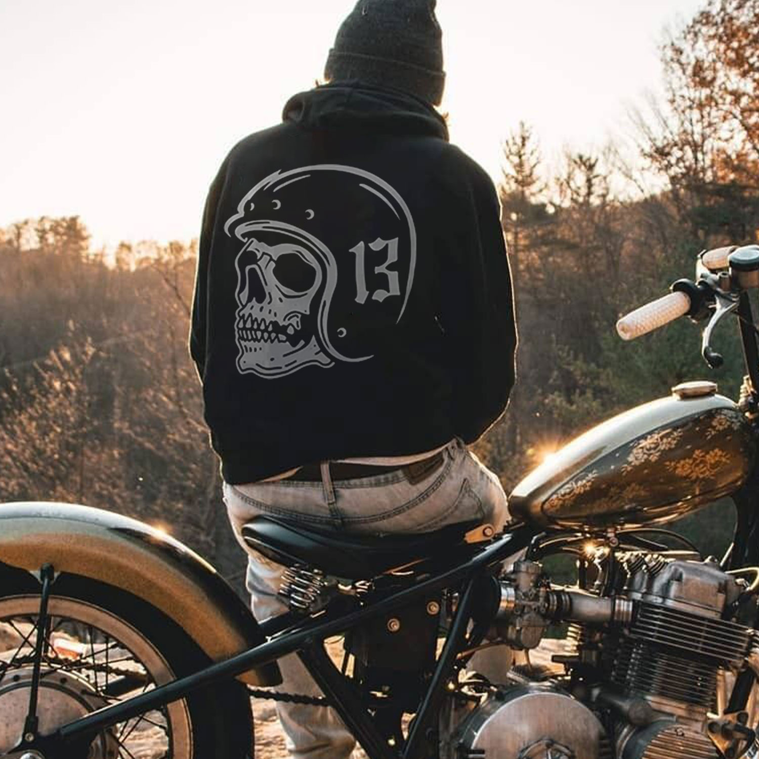 Skull with Helmet Number Thirteen Casual Letter Black Print Hoodie