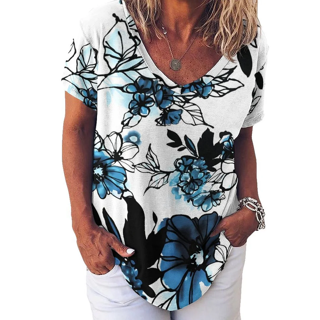 V-neck Short Sleeve Casual T-shirt for  Women Printed with Pattern Floral, Blue