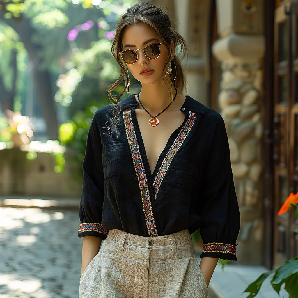 Ethnic Style V-neck Linen Shirt, Comfortable, Lazy And Breathable Linen Cardigan Top