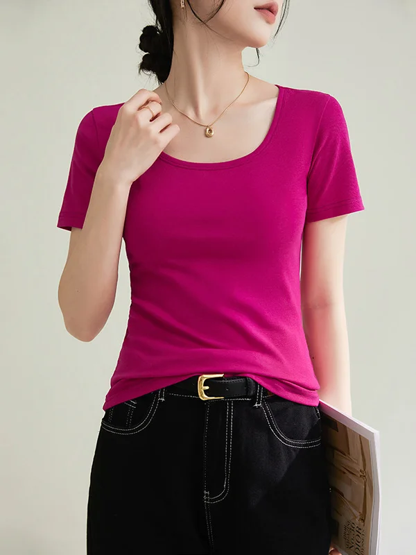 Solid Color Skinny Short Sleeves Round-neck T-Shirts Tops