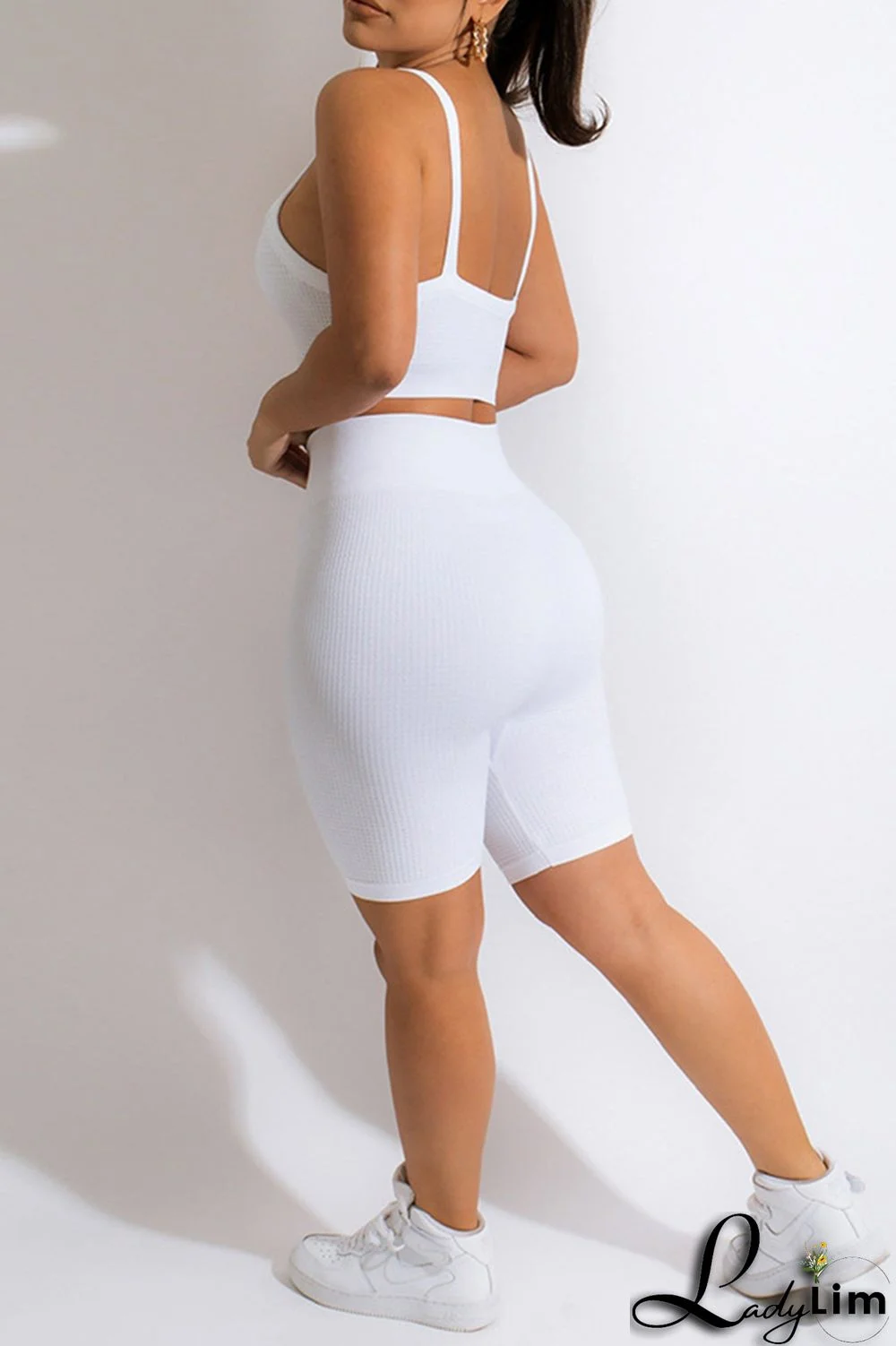 Khaki Casual Sportswear Solid Backless Spaghetti Strap Sleeveless Two Pieces