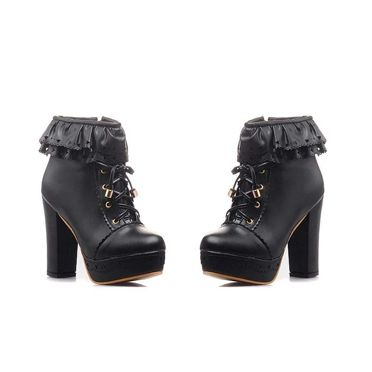 Black Chunky Heel Lace-up Platform Booties for Custom Made Vdcoo