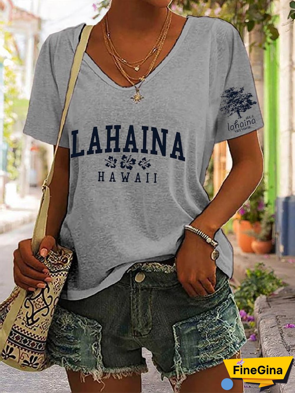 Women's Lahaina Strong Hawaii Tree of Life Aug 8 Print V-Neck T-Shirt
