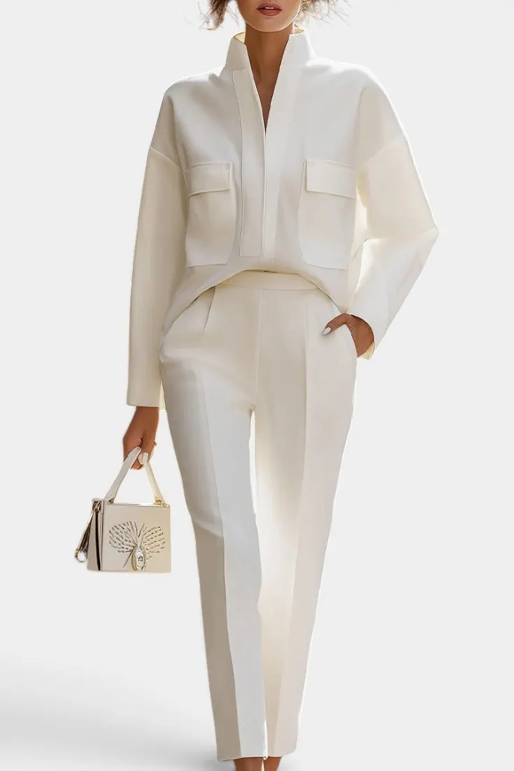 Structured V-Neck Jacket with Wide Sleeves and Belted Trousers