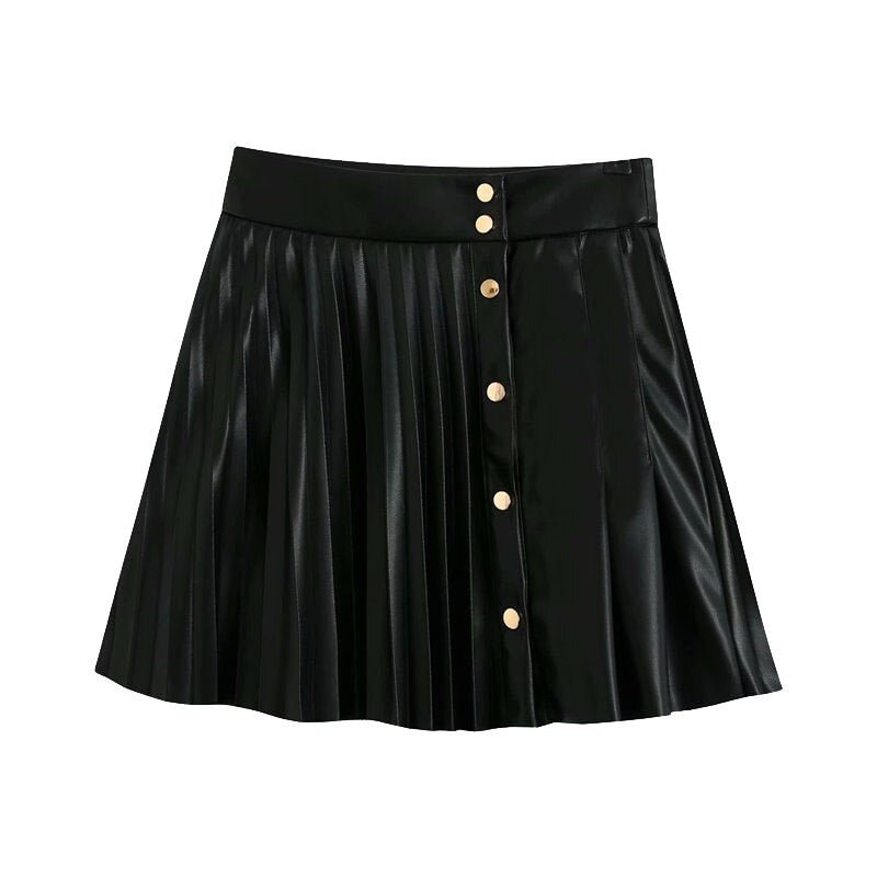 TRAF Women Chic Fashion Pleated Faux Leather Mini Skirt Vintage High Waist Snap Button Female Skirts Mujer