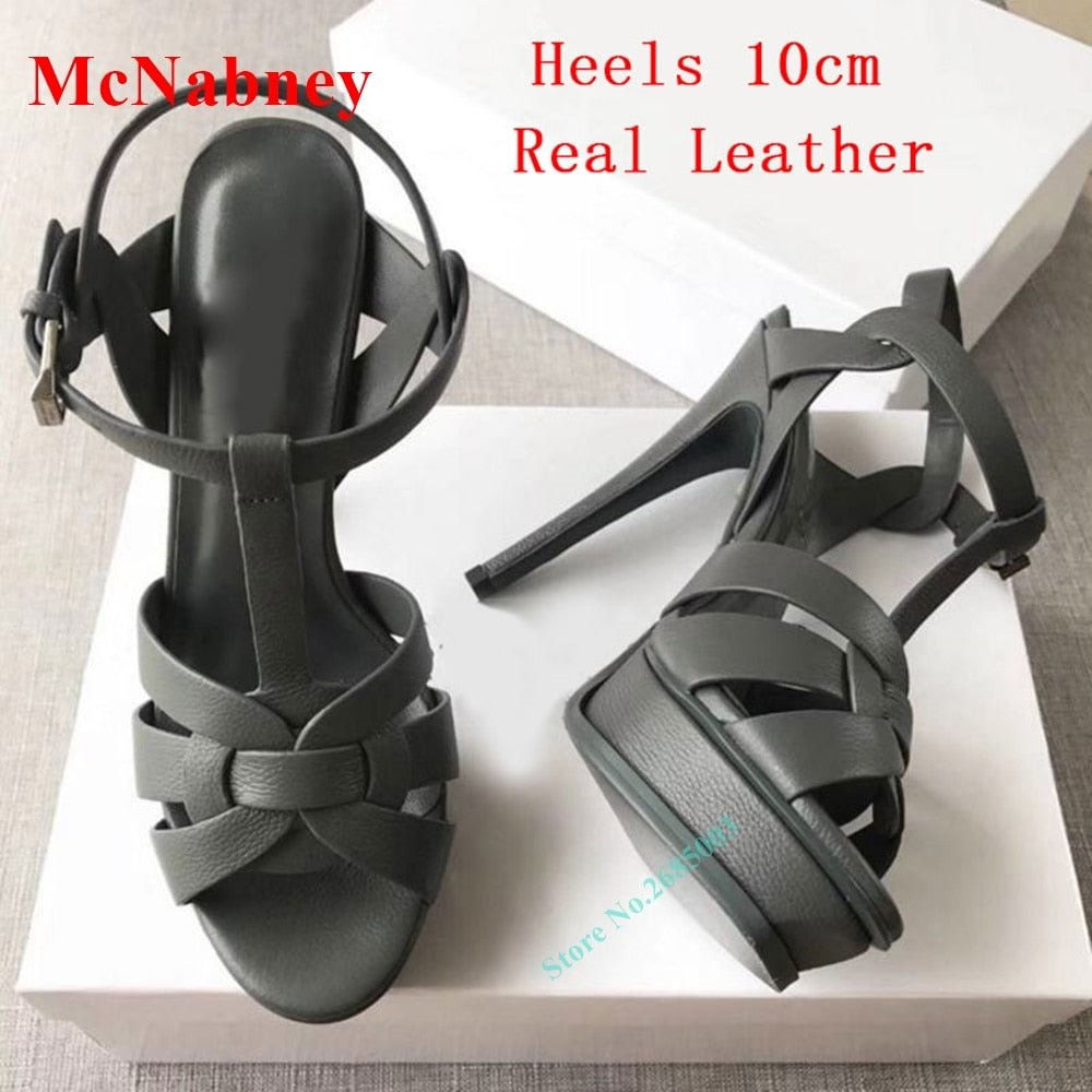 Weave Knot Solid Ankle Buckle Sandals Open Toe Platform Thin High Heel Slingback Fashion Sandal Women Shoe Summer Leather Sandal
