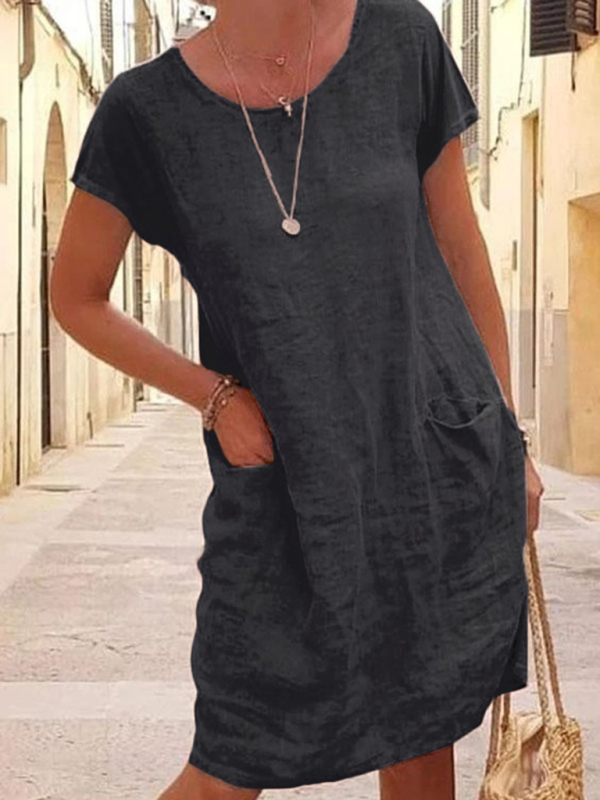 Mature Women Plus Size New Loose Solid Color Pocket Short Sleeve Round Neck Cotton And Linen Dress