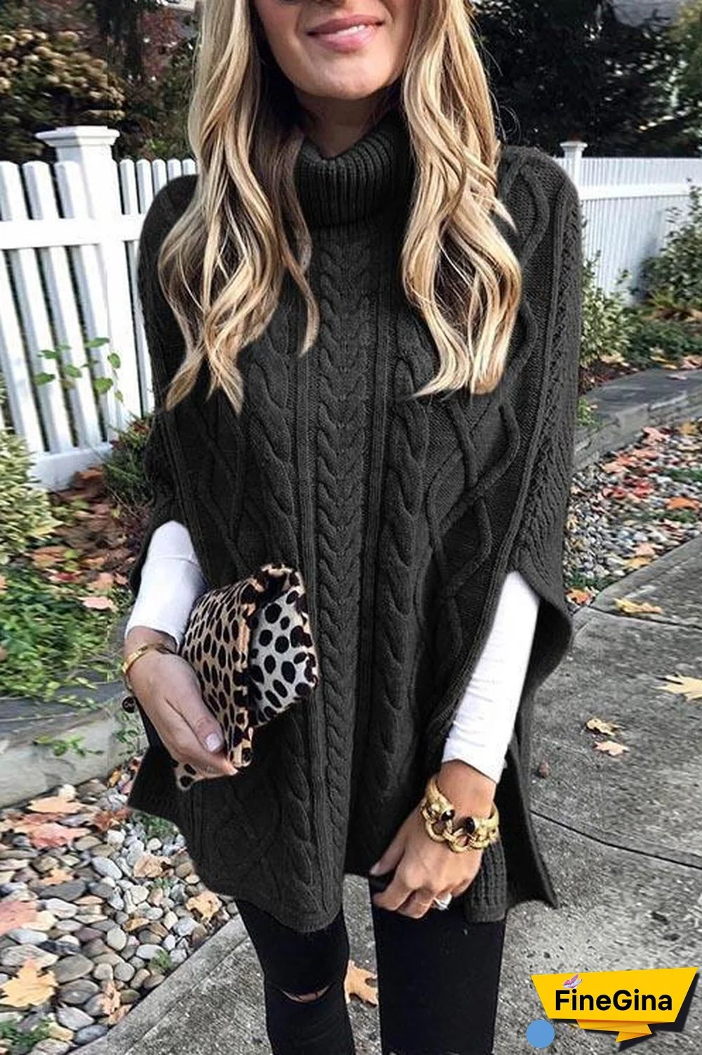 Turtleneck Cable Knit Cloak Poncho Sweater