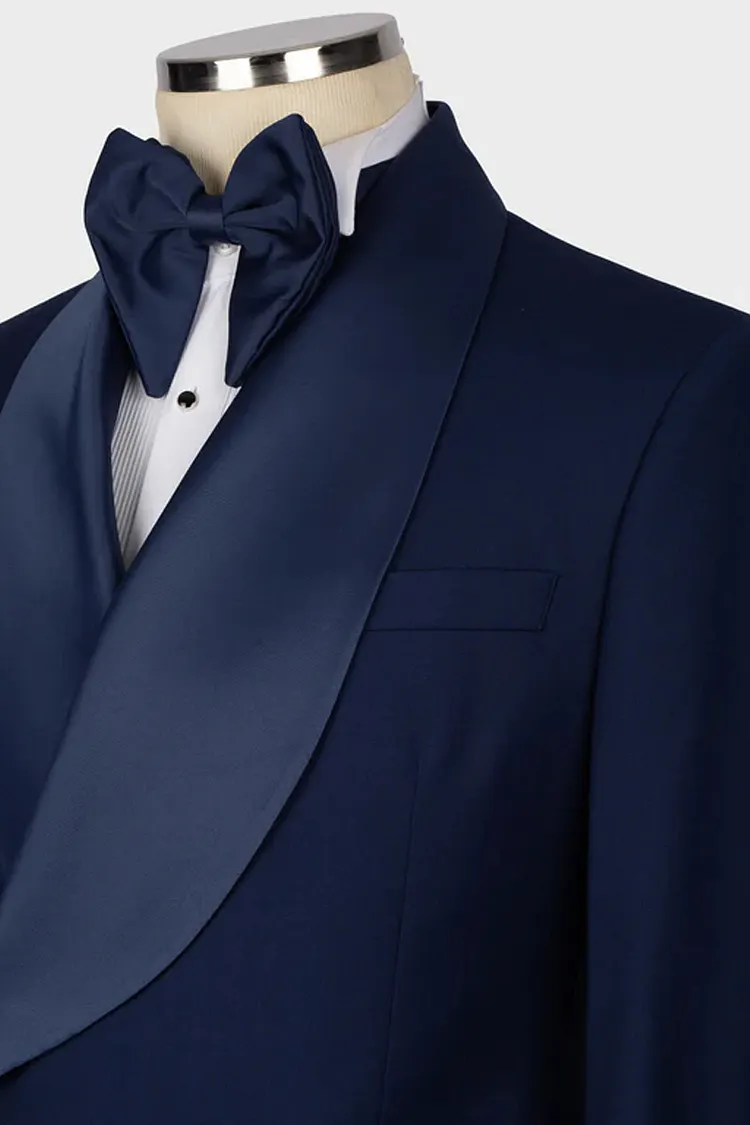 Men's Navy Blue Satin Shawl Lapel Double-breasted 2-piece Tuxedo