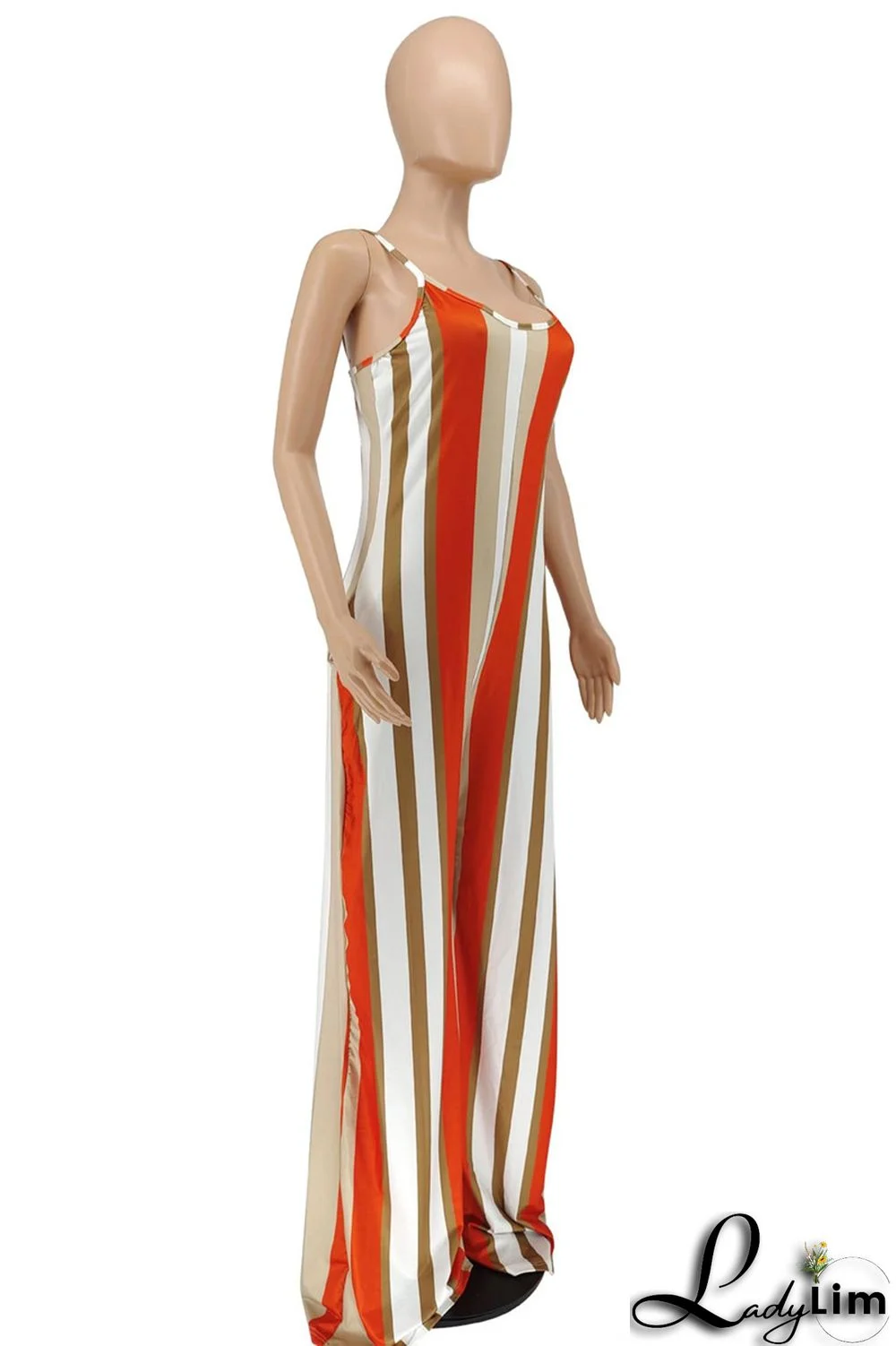 Red Fashion Casual Striped Print Backless Spaghetti Strap Regular Jumpsuits