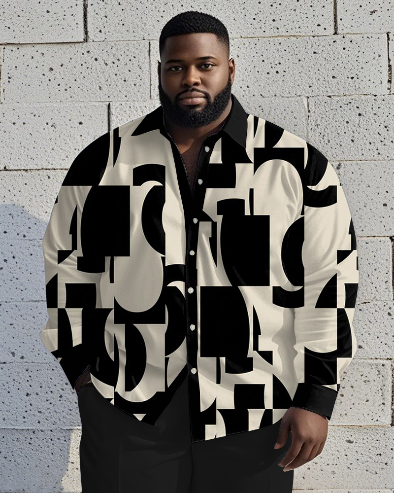 Men's Plus Size Business Khaki Color Block Geometric Print Long Sleeve Shirt
