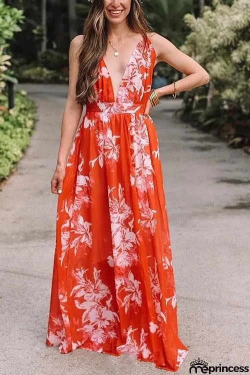 V Neck Backless Slip Maxi Dress