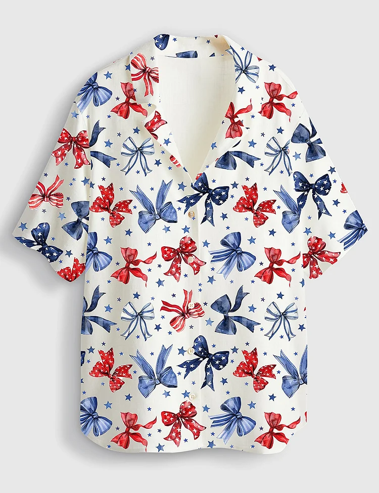 Women&rsquo;s Patriotic Bows 4th Of July Red White And Blue Ribbon Short Sleeve Linen Blend Hawaiian Shirt 