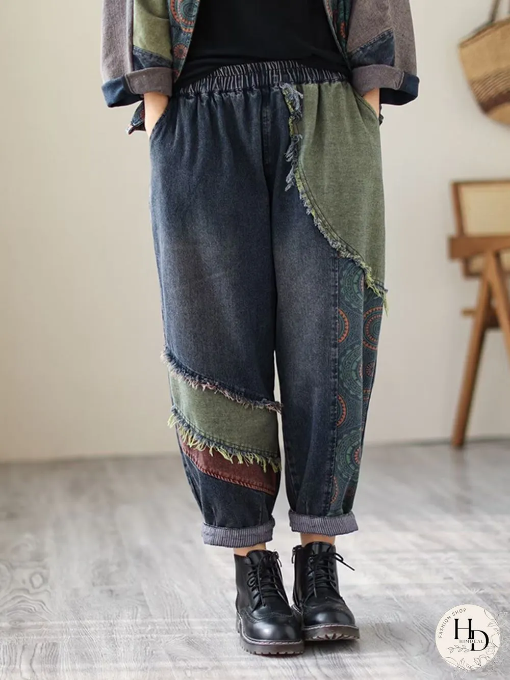 Contrast Color Fringed Split-Joint Long Sleeves Printed Outwear Harem Pants Two Pieces Set