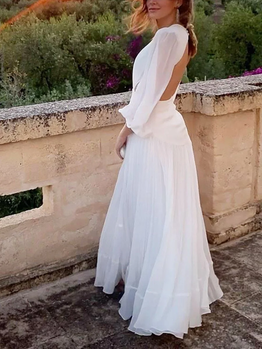 V-neck backless maxi pleated dress