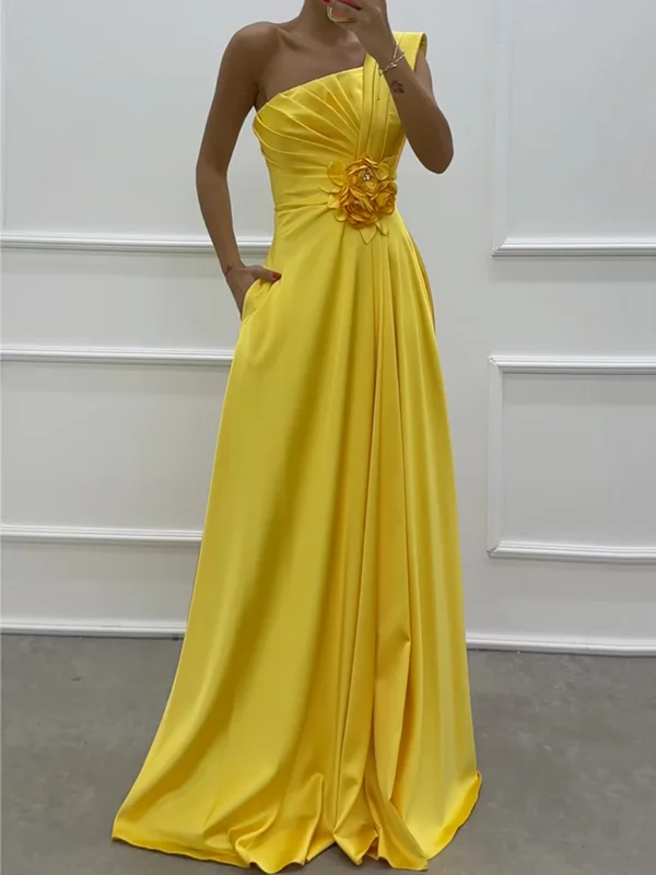 solid color Flower beaded one-shoulder asymmetric Evening Satin Maxi Dresses