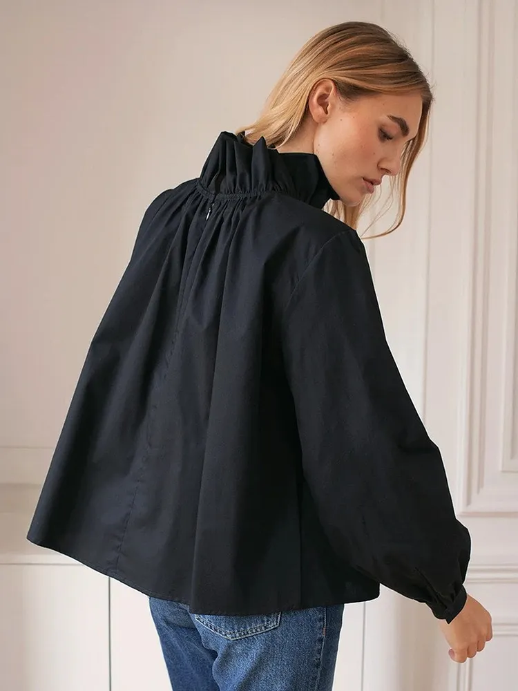 Ruffle Neck Blouse with Zip Front Detail Long Sleeve