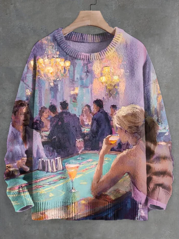 Men's People Are Playing Texas Hold'em And Drinking Print Knit Sweatshirt