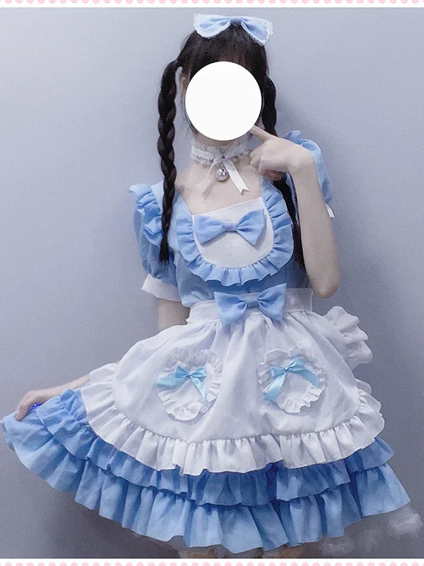 Lolita Bubble Sleeve Bowknot Square Neck Tiered Ruffled Mini Maid Dress