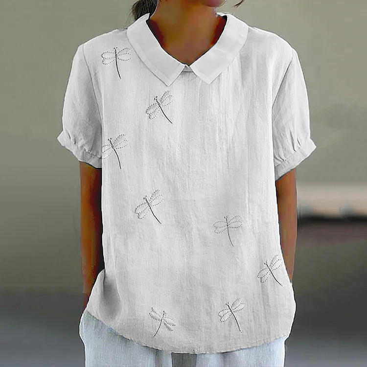 Women's Vintage Dragonfly Embroidery Art Casual Lapel Shirt