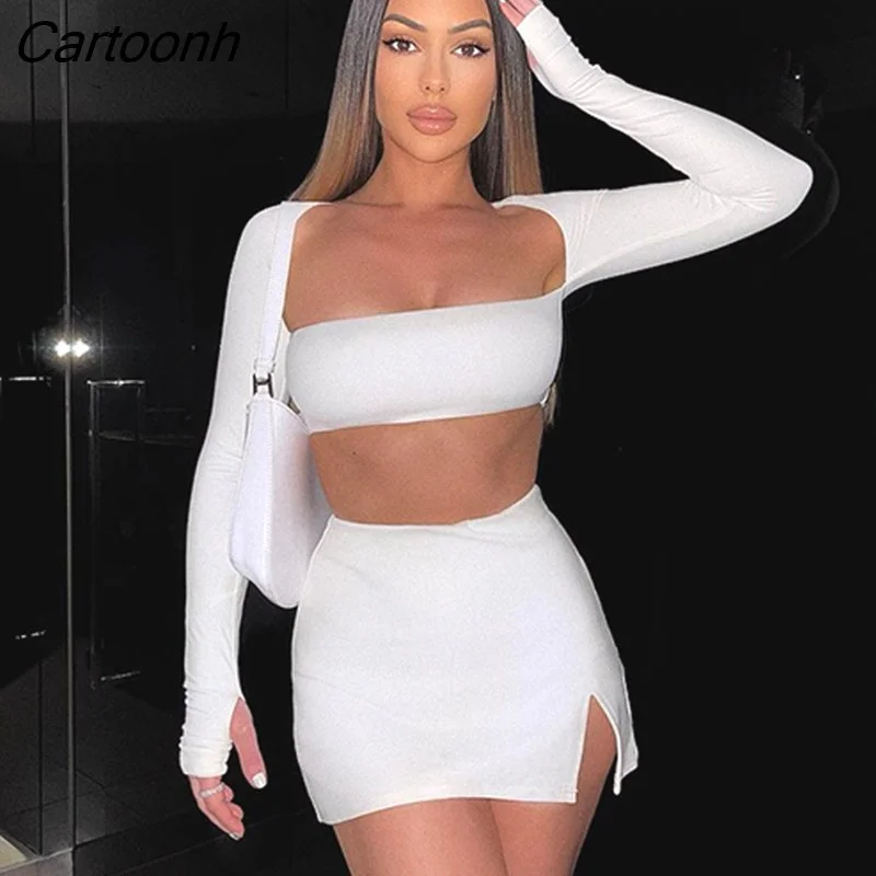 Cartoonh Sleeve 2 Piece Sets Womens Outifits 2023 Fall Tube Top And Mini Skirt Sets Sexy Festival Club Outfits For Women White Black