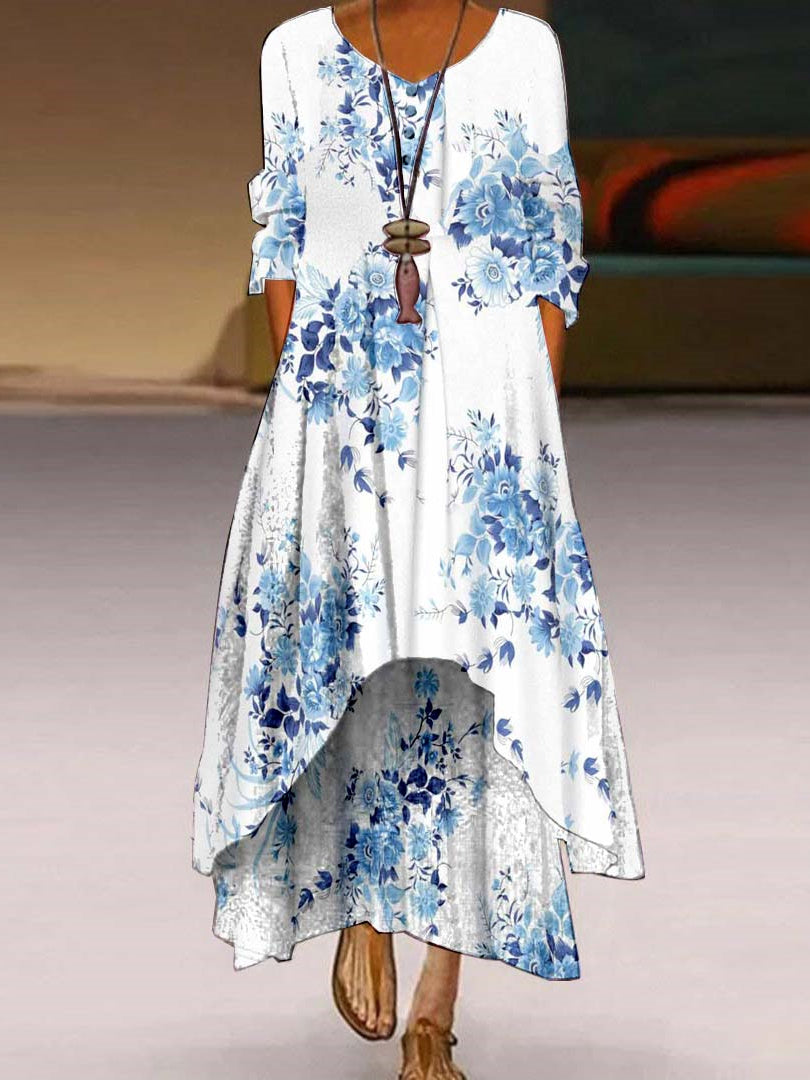 Women's Long Sleeve V-neck Floral Printed Fake Two Pieces Maxi Dress