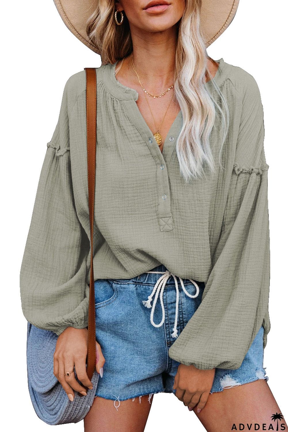 Casual Balloon Sleeve Crinkled Top