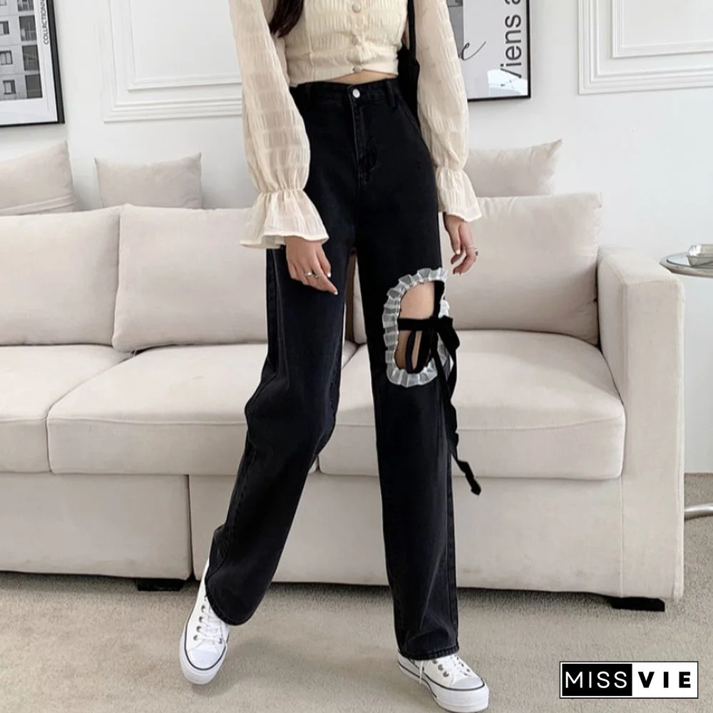 Chic Lace Up Wide Leg Denim Pants