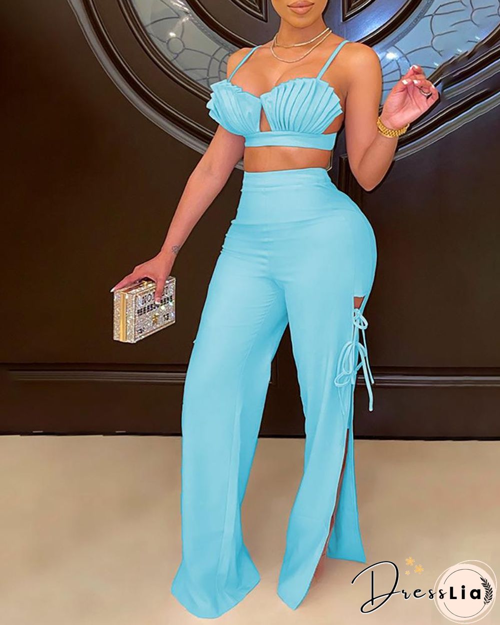 Ruched Crop Top & Tied Detail Slit Pants Set