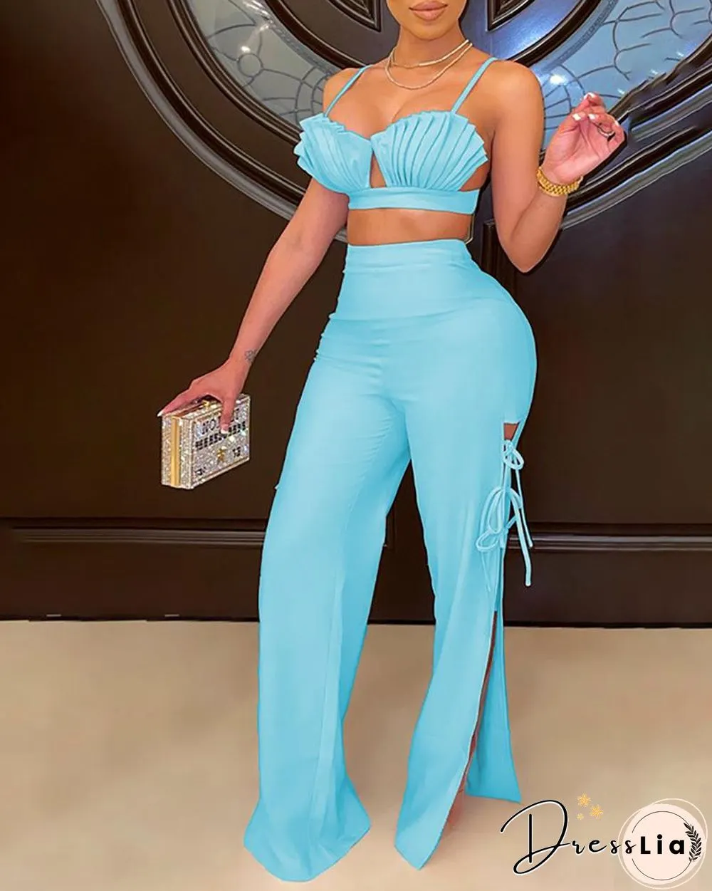 Ruched Crop Top & Tied Detail Slit Pants Set