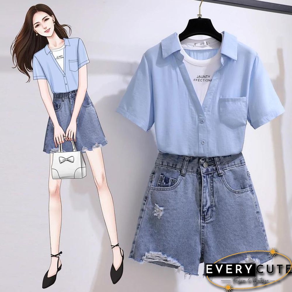 Patchwork Blouse+Hole Denim Shorts P13860