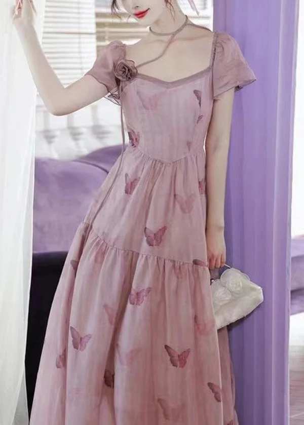 French Pink Square Collar Butterfly Print Chiffon Dress Summer