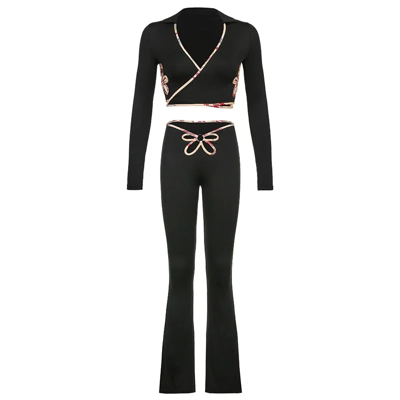 BIIKPIIK Hollow Out Flowers Skinny Two Piece Sets Casual Lounge Wear Long Sleeve Autumn Black Sportwear Female Elegant Suits