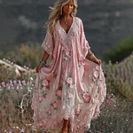 Women Vintage Pink Floral Art Linen Blend Casual Maxi Dress - Image 2