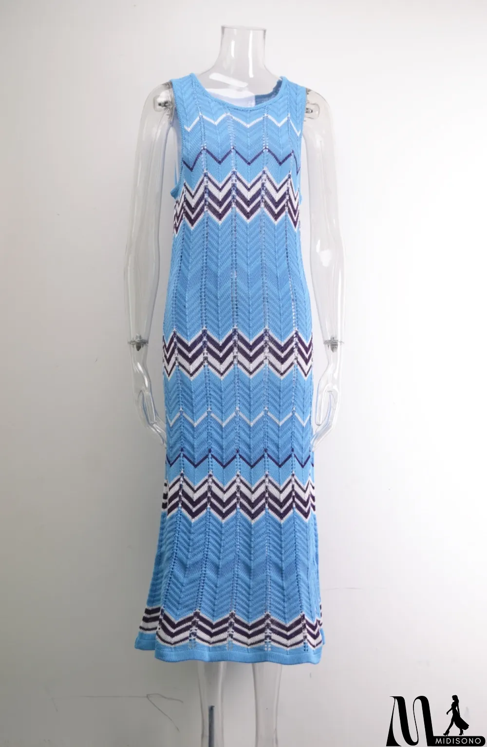 MidiSono - Women Summer Blue Hollow Knitted Stitching Plus Size Long Seaside Holiday Skirt