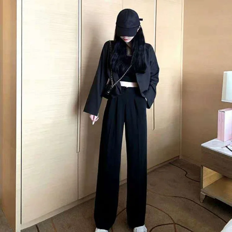 Toloer Toloer Waist Wide Leg Pants Women's Pants Autumn Hanging Feeling Loose Versatile Black Thin Suit Pants Casual Straight Leg Floor Pants-Outfit Ideas