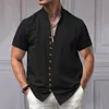 Camicia da uomo a maniche corte in cotone e lino con collo alto e bottoni