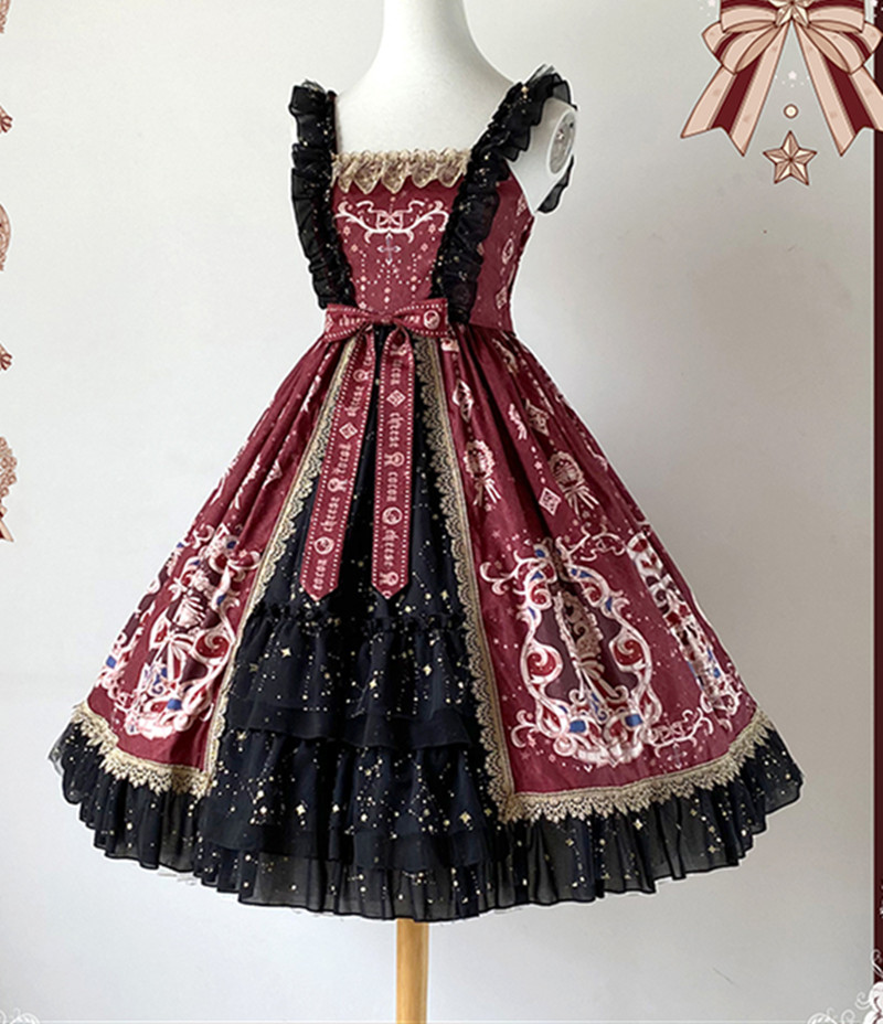 Elegant Lolita Dresses Printed Sleeveless Layered Ruffles Lolita One Piece Dresses Novameme