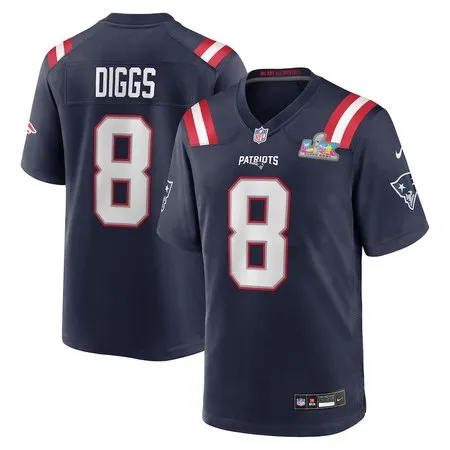 Youth New England Patriots #8 Stefon Diggs Navy Super Bowl LX Patch Game Jersey