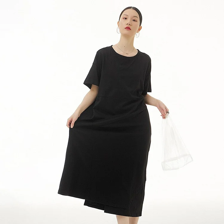 Casual Solid Color O-neck Splicing Irregular Hem Short Sleeve Dress