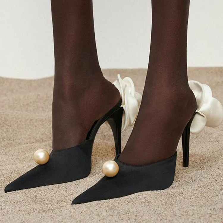 Black Satin Pointed Toe Pearl Embellished Flower Mule Heels |FSJ Shoes