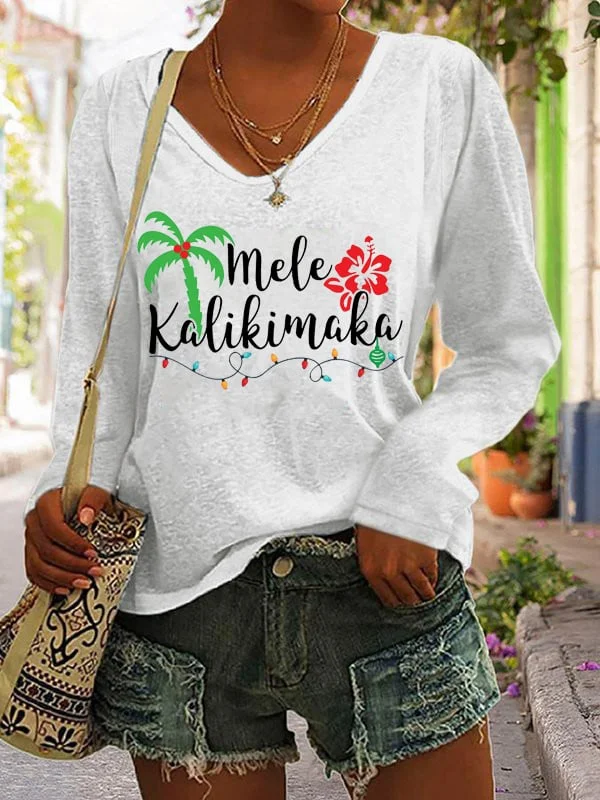 Women's Mele Kalikimaka Print V-Neck Long Sleeve T-Shirt