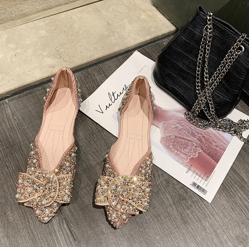 Summer Rhinestone Female Flat Shoes Female Korean Version Bow Tie Shallow Mouth Toe Tip Women's Single Shoes