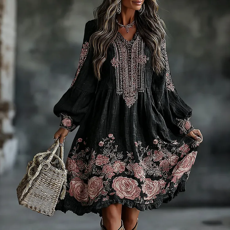 Women's Vintage Floral Art Flowy Linen Blend Casual Round Neck Long Sleeve Maxi Dress