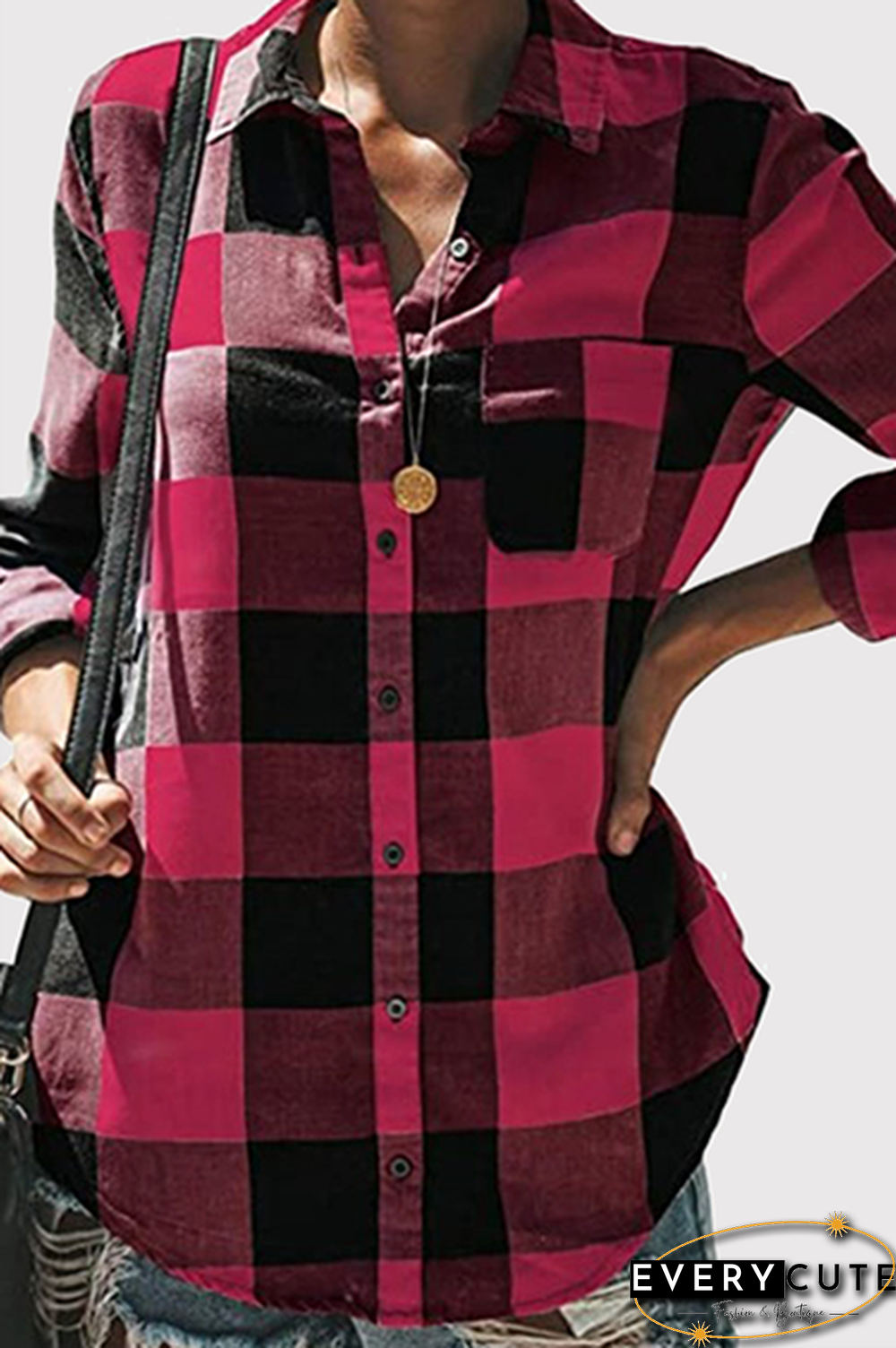 Casual Plaid Pocket Buckle Turndown Collar Tops